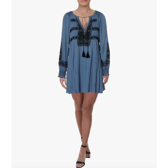 Free People Womens Wind Willow Embroidered V-Neck Mini Dress Blue - Large - Picture 1 of 10